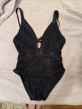 BECCA Black Lace Plunge One-Piece Bandeau